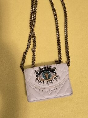 Kurt Geiger White Quilted Crossbody with Beaded Eye Motif and Gold Chain